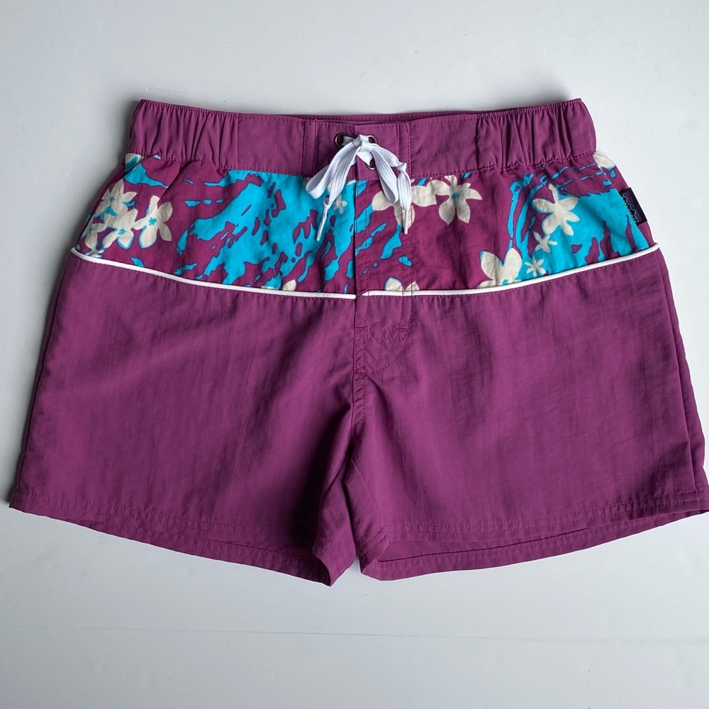Patagonia Board Shorts Size 10 Medium Girls Purple Blue Floral Hawaiian Print